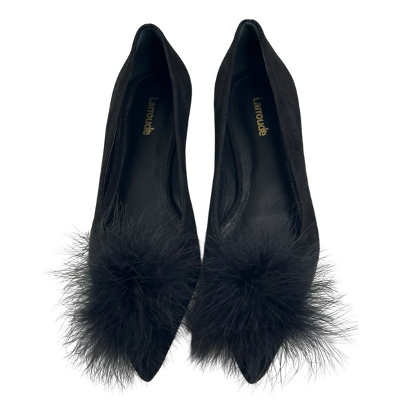 Larroude Lee Pom-Pom Black Suede Flats Womens Size 7.5 Pointed Toe New $295 - Picture 2 of 9